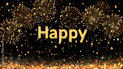 Wallpaper Mural Happy Celebration Fireworks: Festive fireworks burst vibrantly in the night sky, with Happy spelled out in radiant gold, celebrating moments of joy and festivity Torontodigital.ca