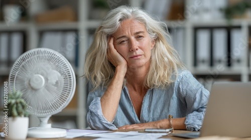 Tired woman sits at desk near fan feeling hot