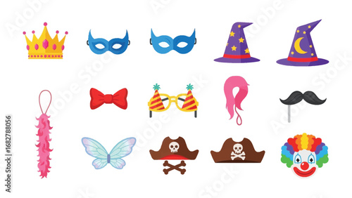 Whimsical Party Accessories: A delightful assortment of festive props, including a radiant crown, elegant masquerade masks, charming wizard hats, and playful clown elements.