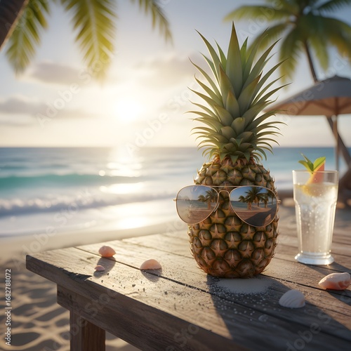 pineapple with sunglasses in the beach