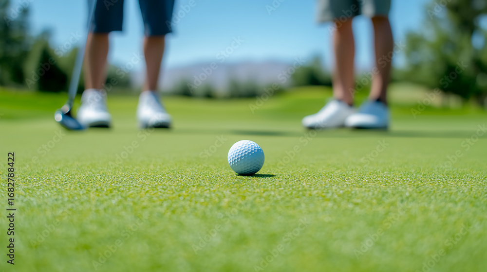 Obraz premium A close-up view of a golf ball on the green with two players in the background, ready to putt on a sunny day.
