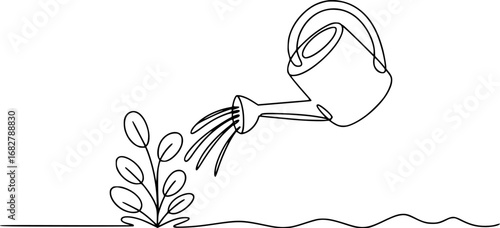 Minimalist line drawing of a watering can pouring water on a plant gardening