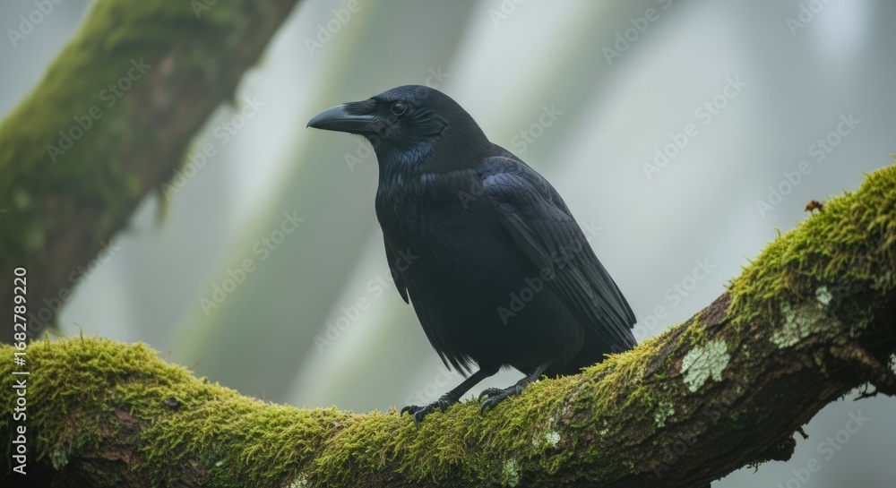 Fototapeta premium Majestic Raven Perched on Mossy Branch in Misty Forest