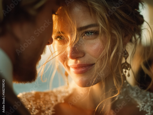 bride and groom, backlit su...
