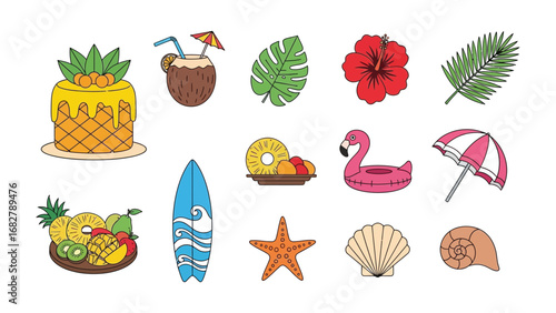 Tropical Delights and Beach Essentials: A vibrant array of summer-themed icons captures the essence of sun-soaked relaxation, featuring delicious fruit arrangements, refreshing cocktails.