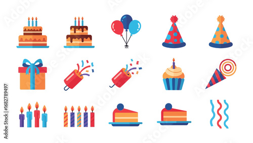 Party Essentials: A vibrant collection of birthday and party symbols, meticulously designed for versatile use, portraying an array of joyful celebrations and commemorative events.