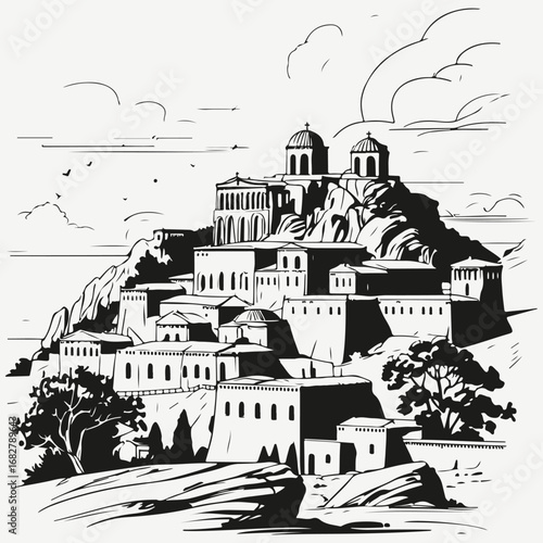 Meteora complex of monasteries Greece sketch illustration vector
