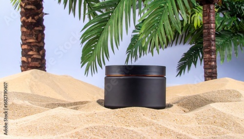 Black container sits on sand against a backdrop of faux palm trees, evoking a beach setting under bright studio lighting