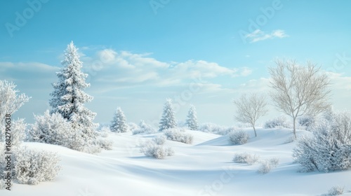 Wallpaper Mural A serene winter landscape showcases snow-covered trees and shrubs against a light blue sky. Torontodigital.ca