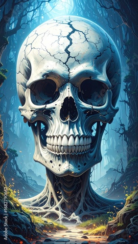 Giant cracked skull looms over a misty forest scene, eerie yet captivating