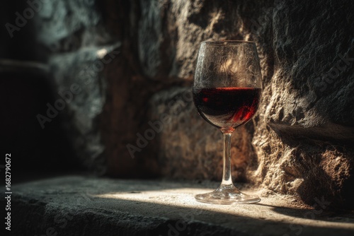 Red wine glass in stone cellar