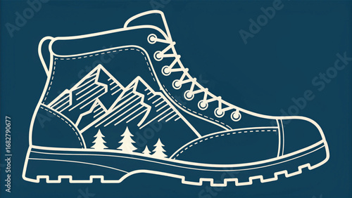 Hiking boot with mountain and tree landscape shoe footwear