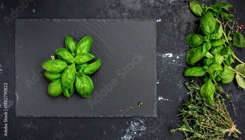 Fresh green basil leaves on a rectangular slate board, contrasted with sprigs of herbs on a dark, textured surface