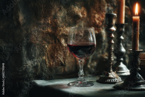 Red wine glass in a dimly lit stone alcove