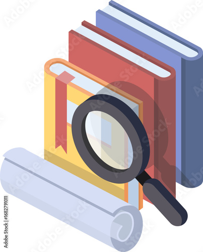 An isometric illustration of books, a magnifying glass, and a scroll representing research, study, and the pursuit of knowledge.