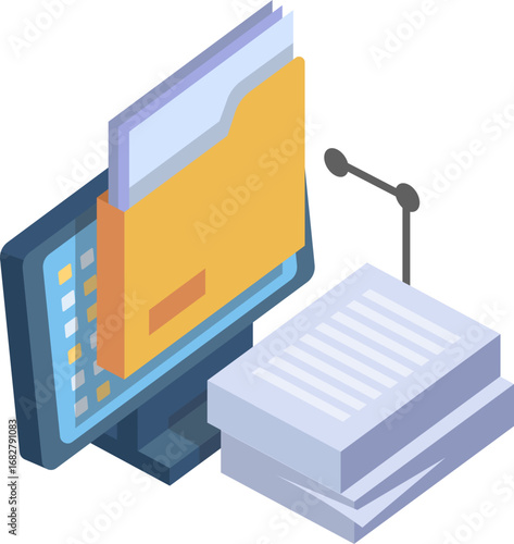 Isometric illustration of digital transformation, converting paper documents into an electronic folder on a computer screen.