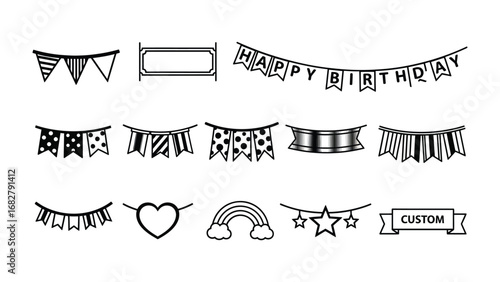 Party Decorations Doodle Set: A meticulously crafted, vector illustration that presents a delightful array of party decorations as playful, hand-drawn doodles.