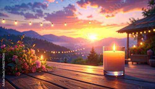 A warm sunset scene with candles and flowers on a wooden deck overlooking mountains. Strings of lights create a festive, cozy atmosphere