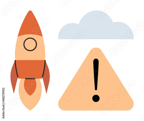Rocket beside warning triangle with exclamation against a cloud, symbolizing ambition, caution, progress, innovation, risk management, startup challenges, forward-thinking. Perfect for simple flat