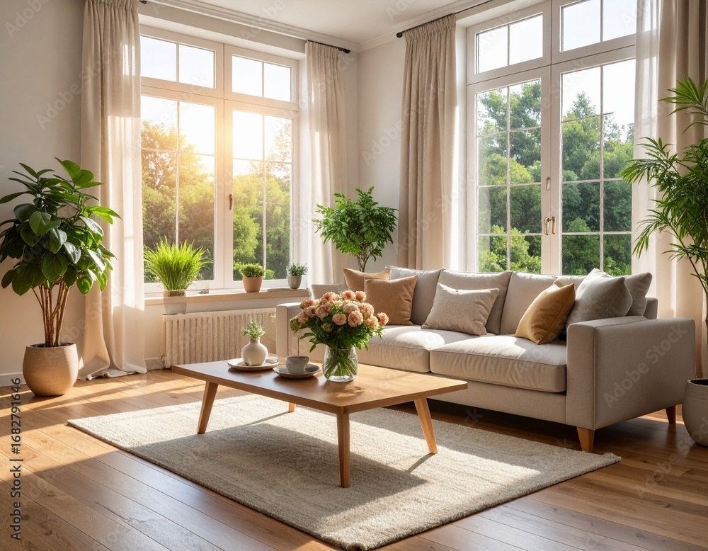 Fototapeta premium Aesthetic ultra realistic elegant living room featuring minimal décor, glass