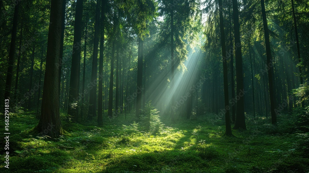 Obraz premium Magical sun rays penetrate through dense trees in a vibrant green forest