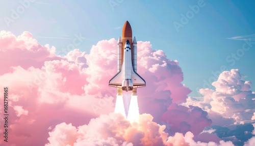A rocket ship soars skyward, plumes of white smoke billowing against a backdrop of vibrant pink and blue clouds, suggesting an upward trajectory