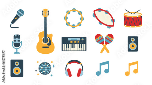 Musical Instrument Array: A collection of diverse musical instruments and tools, capturing the essence of musical creation, composition, and performance. Representing musical variety.