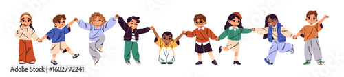 Group of happy kids is holding hands and standing together in line. Diverse children rejoice, have fun. Cute little girls and boys, friends are in chain. Flat isolated vector illustration on white
