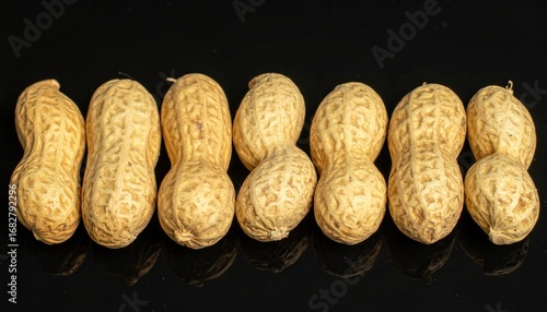 A row of tan peanuts in their shells against a stark black backdrop, showcasing the texture and organic shapes of the nuts