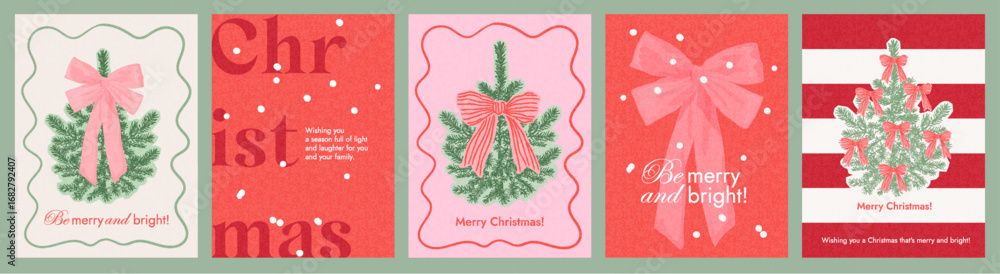 custom made wallpaper toronto digitalMerry Christmas and Happy New Year greeting card set. Modern beautiful Xmas design with Christmas tree decorated with big red bow and striped pink bow and typography. Minimal art banner, poster, cover