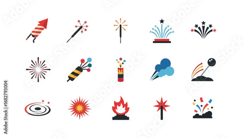 Fireworks Icon Set: A vibrant collection of vector icons showcases various types of celebratory fireworks, including rockets, sparklers, fountains, and bursts.