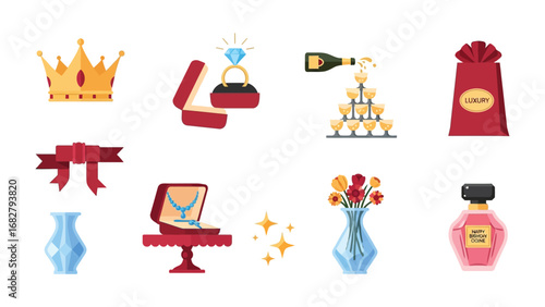 Glamourous Icons: A curated collection of luxury symbols, including a regal crown, a diamond ring in a jewelry box, champagne being poured into glasses, a decorative gift bag, an elegant bow.