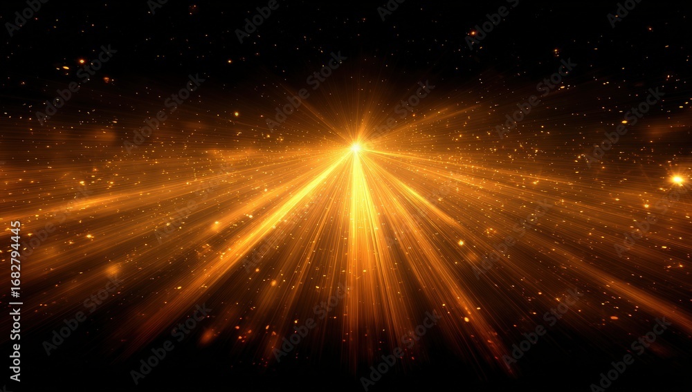Fototapeta premium Golden rays burst from a central point in a dark background
