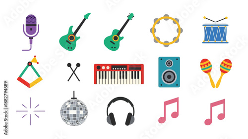 Music Elements: An assortment of music instruments and symbols, presented with clear outlines and vibrant colors, perfect for conveying musical themes.