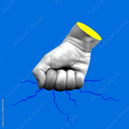 Fist hits the ground and it cracks. Powerful fist break through obstacles. Persistence. Getting your way. Modern collage