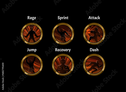 set of golden frame button fantasy game combat fighting skill with rage, sprint, jump, recovery, dash icon spell