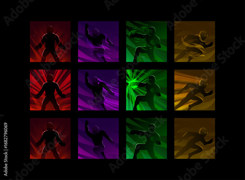 set of fantasy colorful rpg fighting game icon skill spell with tier level of rage, attack, dash, sprint