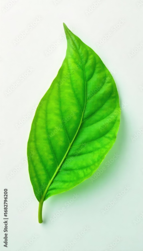 Obraz premium Close-up shot of a vibrant green leaf on a pristine white background, symbolizing healing, growth, and renewal Perfect for wellness, nature, and health-related projects , fresh, healing