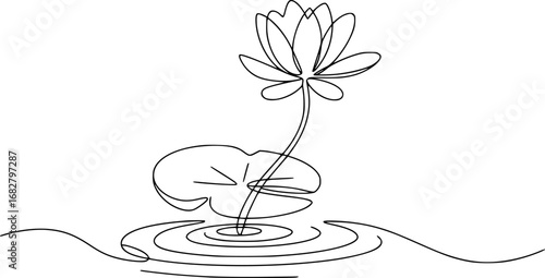 Single line drawing of a lotus flower and lily pad on water ripples
