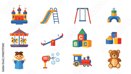 Playground of Fun: A vibrant, hand-drawn collection of playground icons. Capturing the essence of joy, play, and youthful adventure in a charming, inviting style.