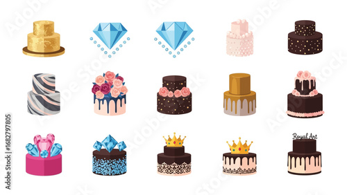Festive Array of Cakes: A tantalizing array of richly decorated cakes, each a unique masterpiece, sit amidst elegant gemstones and regal crowns, inviting the eyes.