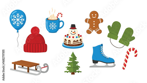 Winter's Delight: A cheerful ensemble of festive icons evokes the magic of winter. A medley of delightful elements come together to bring the season's warmth and spirit to life.