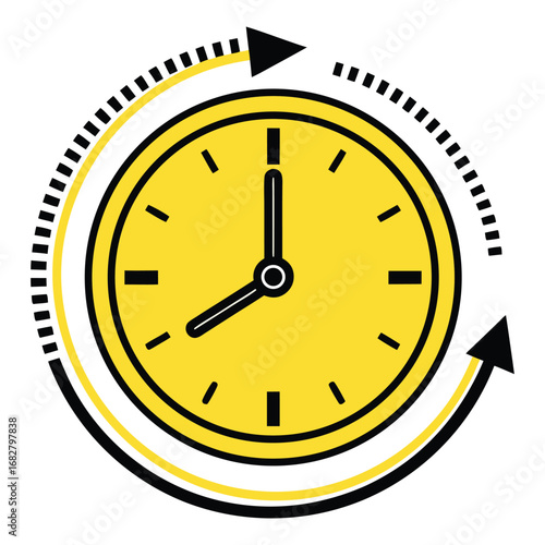 A bright yellow clock face with black hands and markers encircled by a circular arrow indicating the passage of time