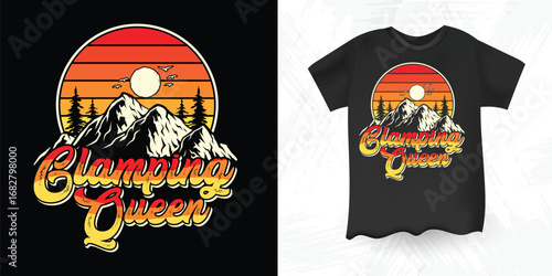 Glamping Queen Sunset Mountain Forest Vintage T Shirt Design