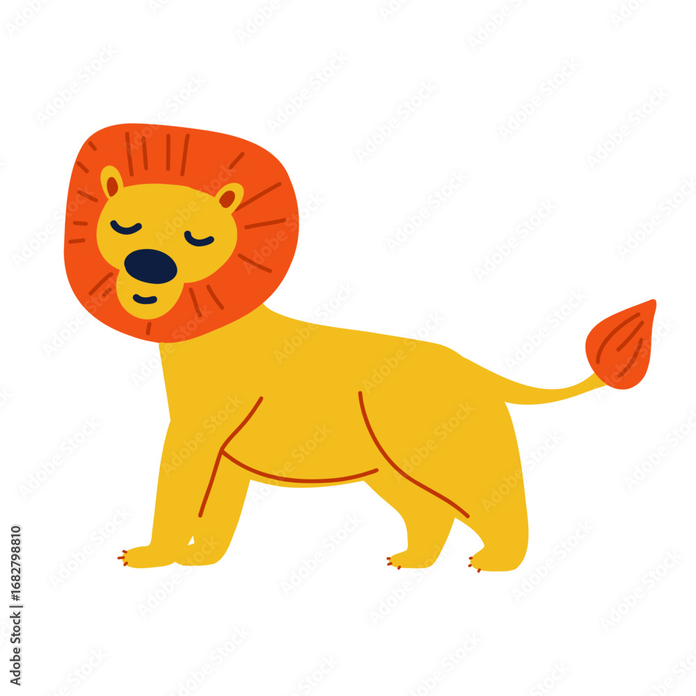 Obraz premium Cute cartoon lion with orange mane, modern flat vector illustration for kids design, trendy animal character clipart for nursery, posters, stickers.