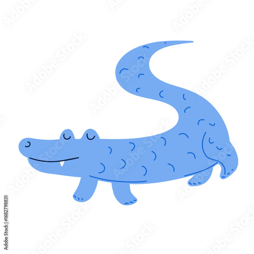 Cute cartoon crocodile in blue color, modern flat vector illustration for kids design, trendy wild animal character clipart for nursery, posters, stickers.