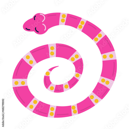 Cute cartoon pink snake with yellow spots, modern flat vector illustration for kids design, trendy jungle animal character clipart for nursery, posters, stickers.