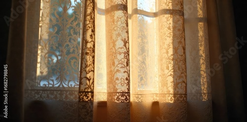 Intricate lace curtains obscure a window, casting delicate shadows on the wall The unseen view adds an air of mystery and elegance to the room's interior , aesthetic, home decor, fabric