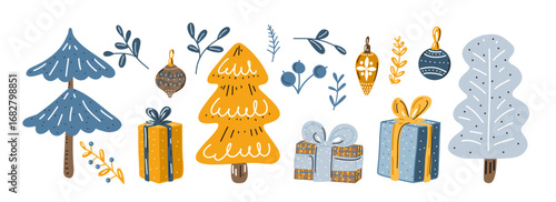 Christmas elements set with stylized trees, gifts and ornaments in scandinavian folk style for winter decor and greeting cards.