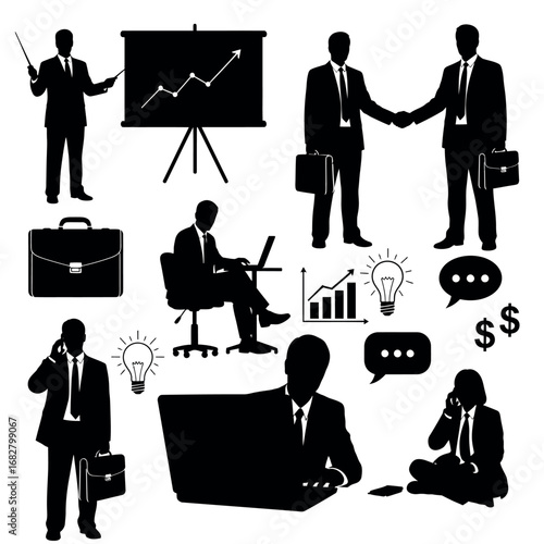 Vector illustration of silhouettes of business people in different situations and office activities